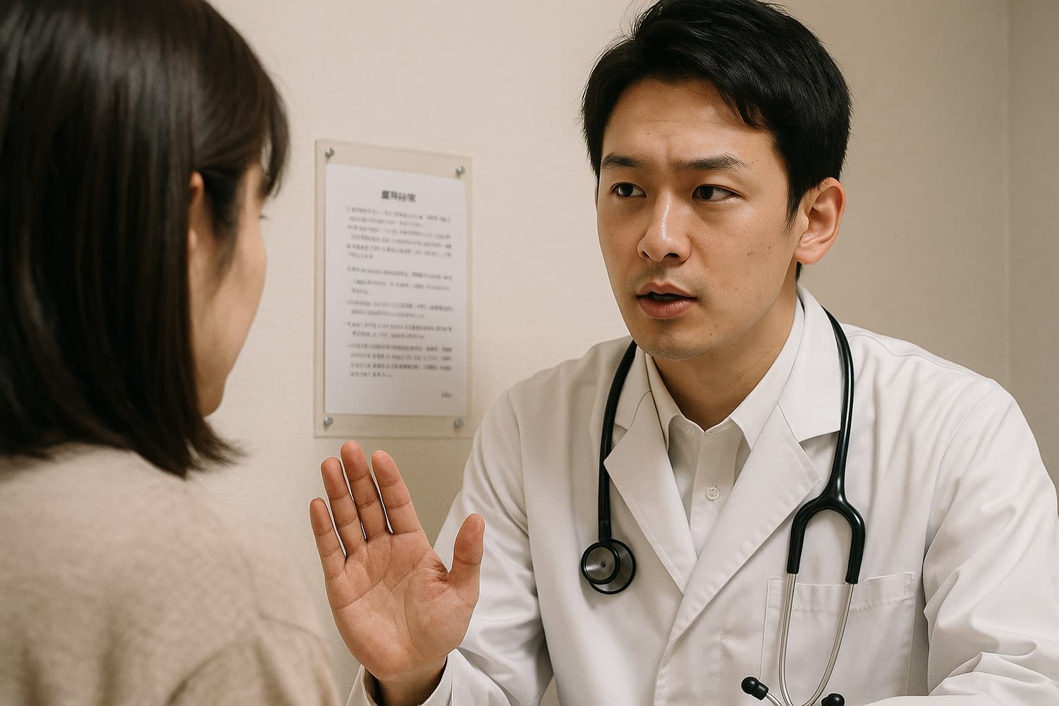 スタッフが冷静な表情で傾聴の姿勢を保ちながら、クレーム対応を行っている様子