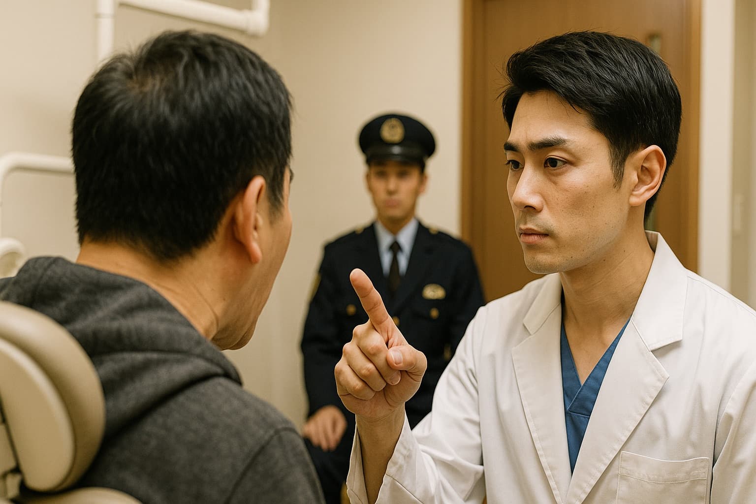 患者が治療結果の鏡を見て不満そうな表情をしている様子