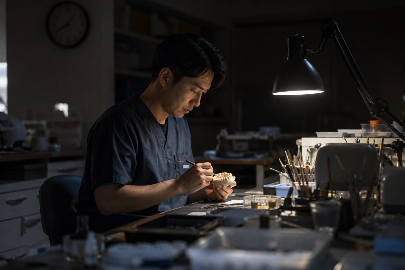 夜間まで作業する歯科技工士の労働環境のイメージ
