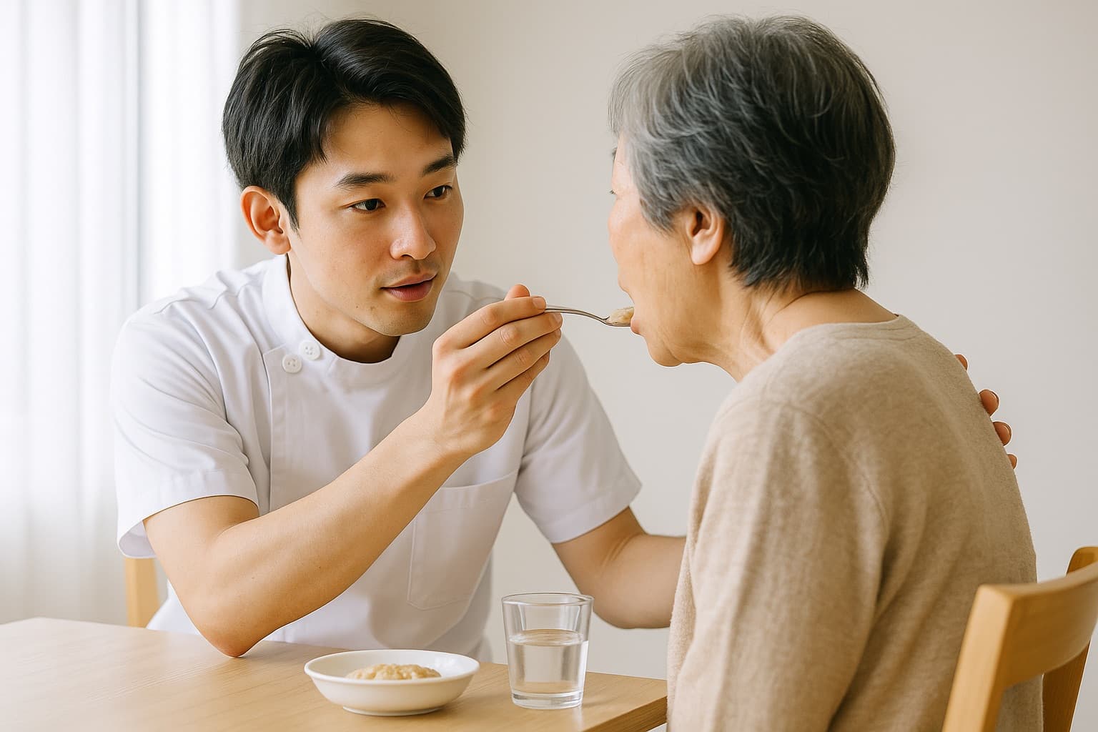 歯科衛生士が患者にパタカラ体操や舌の抵抗運動を指導している様子