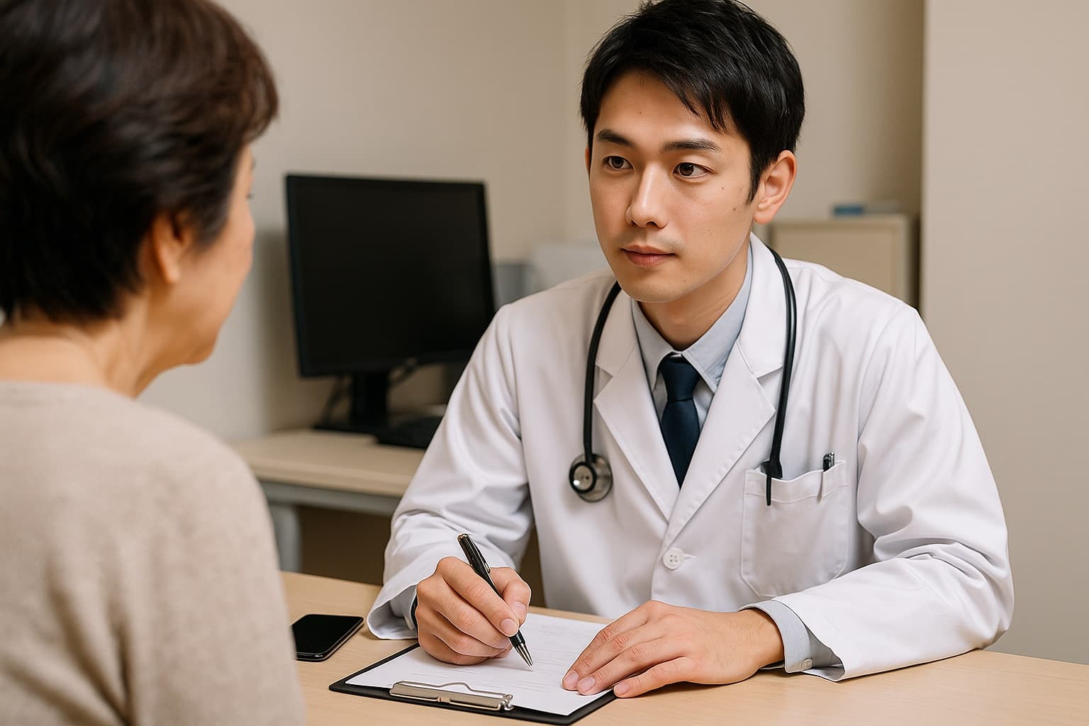 歯科衛生士が患者のカルテ（診療記録）に口腔機能管理の指導内容を記入している様子