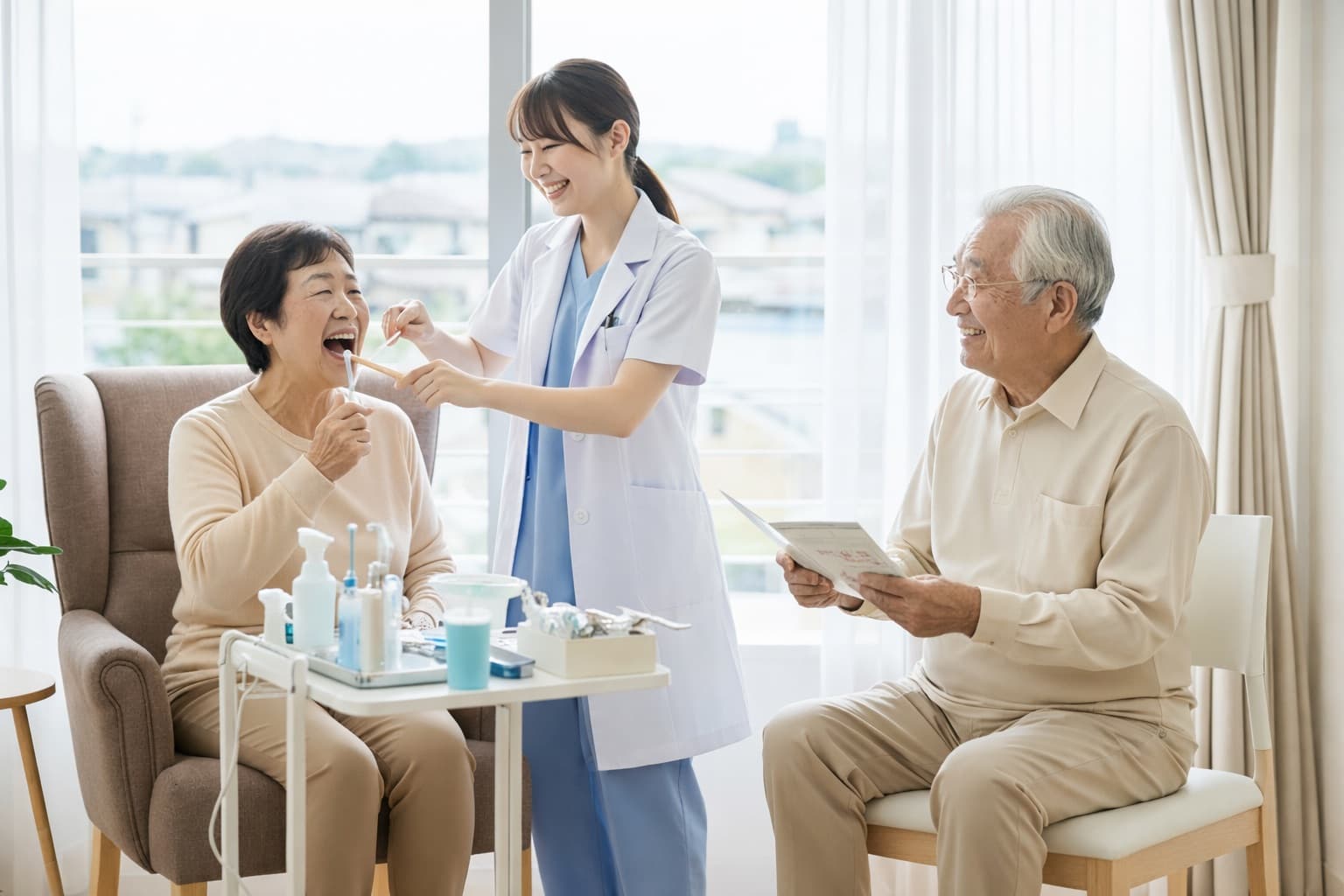 歯科衛生士が高齢者の自宅を訪問し、口腔ケアや機能訓練の指導を行っている様子