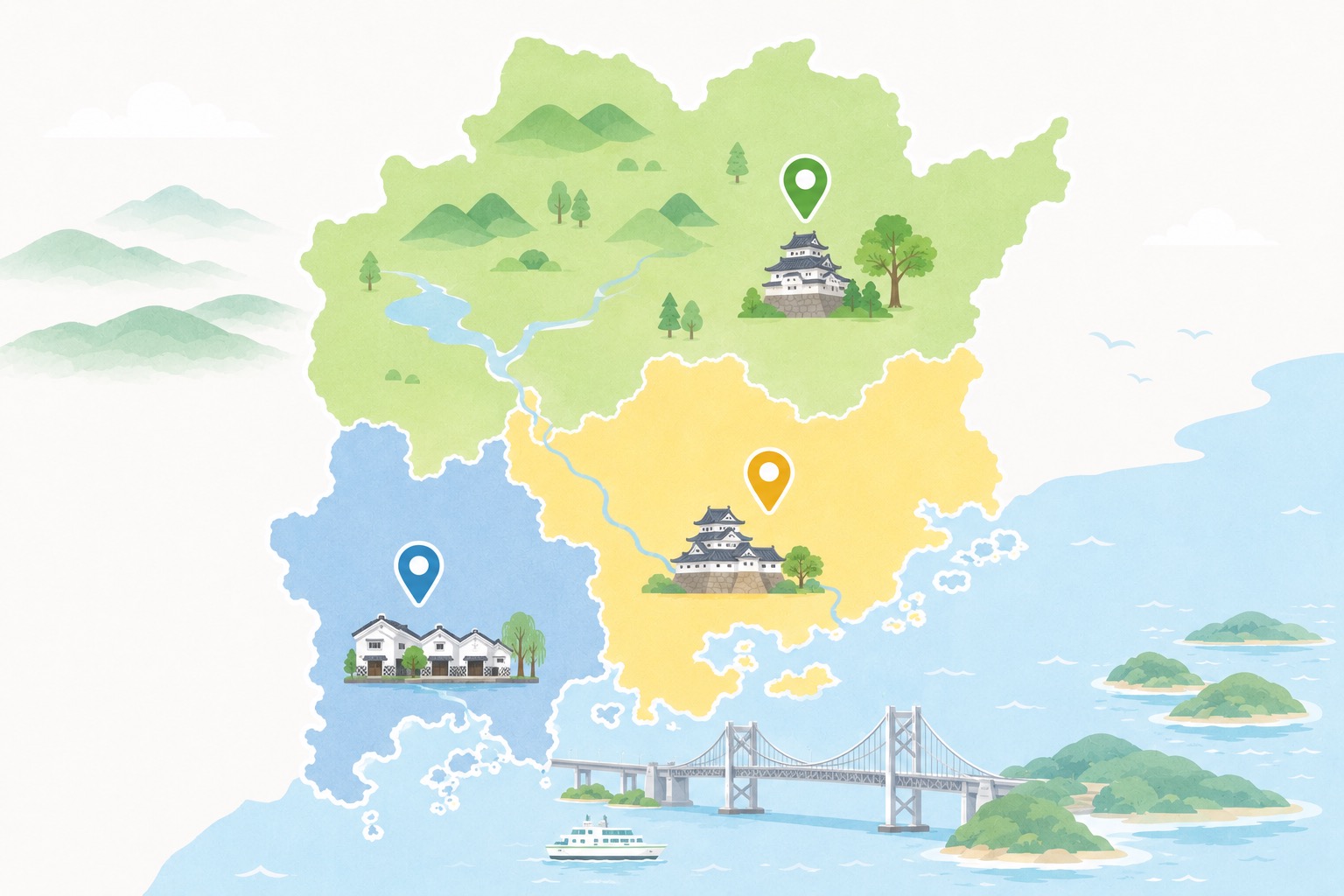 岡山県の主要エリアの地図